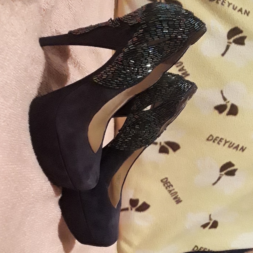Dark purple suede heels with holographic beads